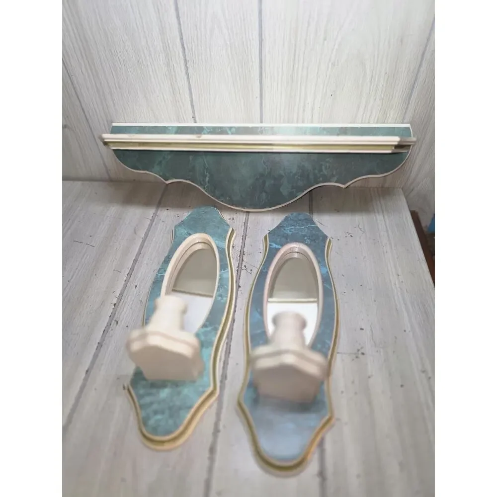 Vintage Mirrored Sconces & Shelf Marbled Green White Scalloped Heritage MCM